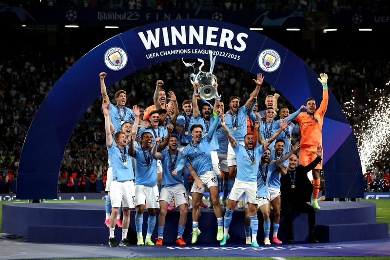Manchester City Players Celebrating 2023 Champions League Win