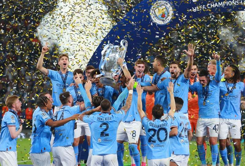 Manchester City Players Celebrating 2023 Champions League Win